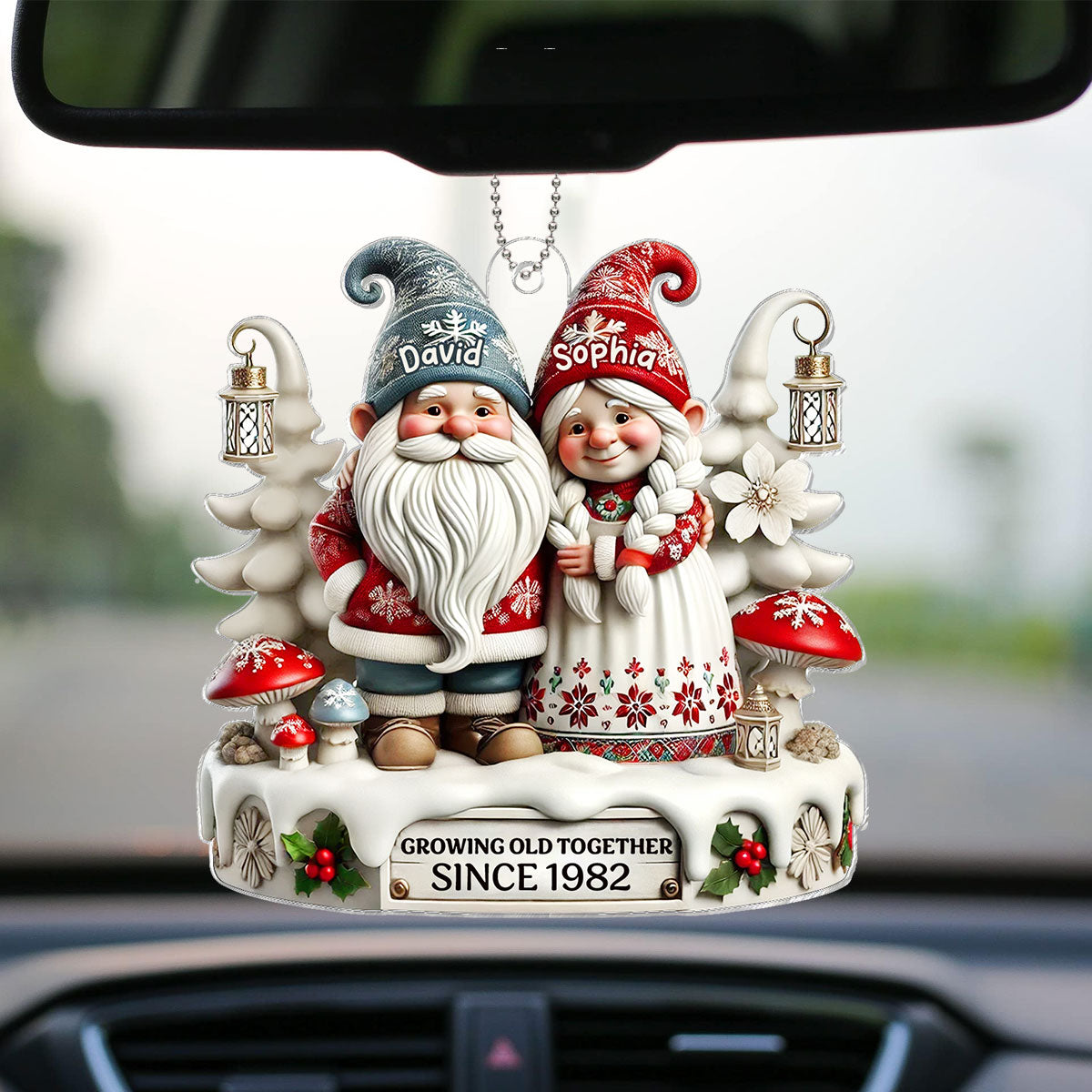 3D Effect Gnome Couple Together Personalized Acrylic Car Hanger Ornament, Valentine's Gift For Couple, For Him, For Her, Husband, Wife