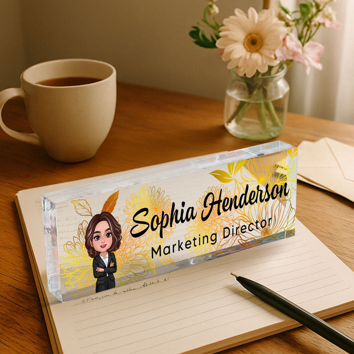 Floral Line Art Woman Man Office Personalized Desk Name Plate| Unique Gift For Colleagues, Boss