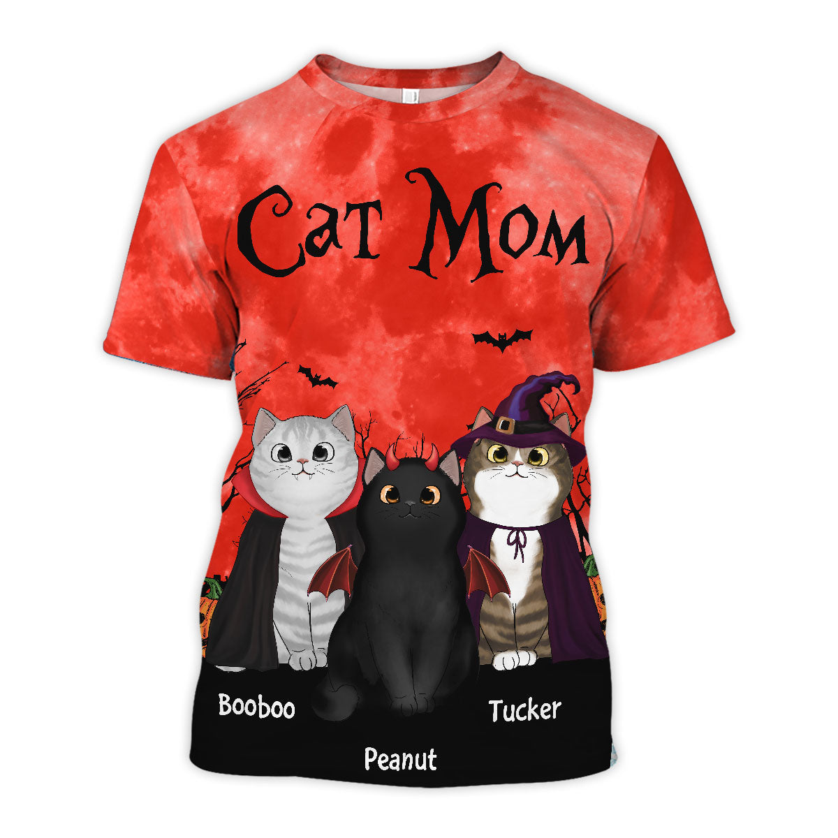 Cat Mom Halloween Moon Light Bat Tree Witchy Theme Personalized Shirt, Purrfect Costume for Cat Lover