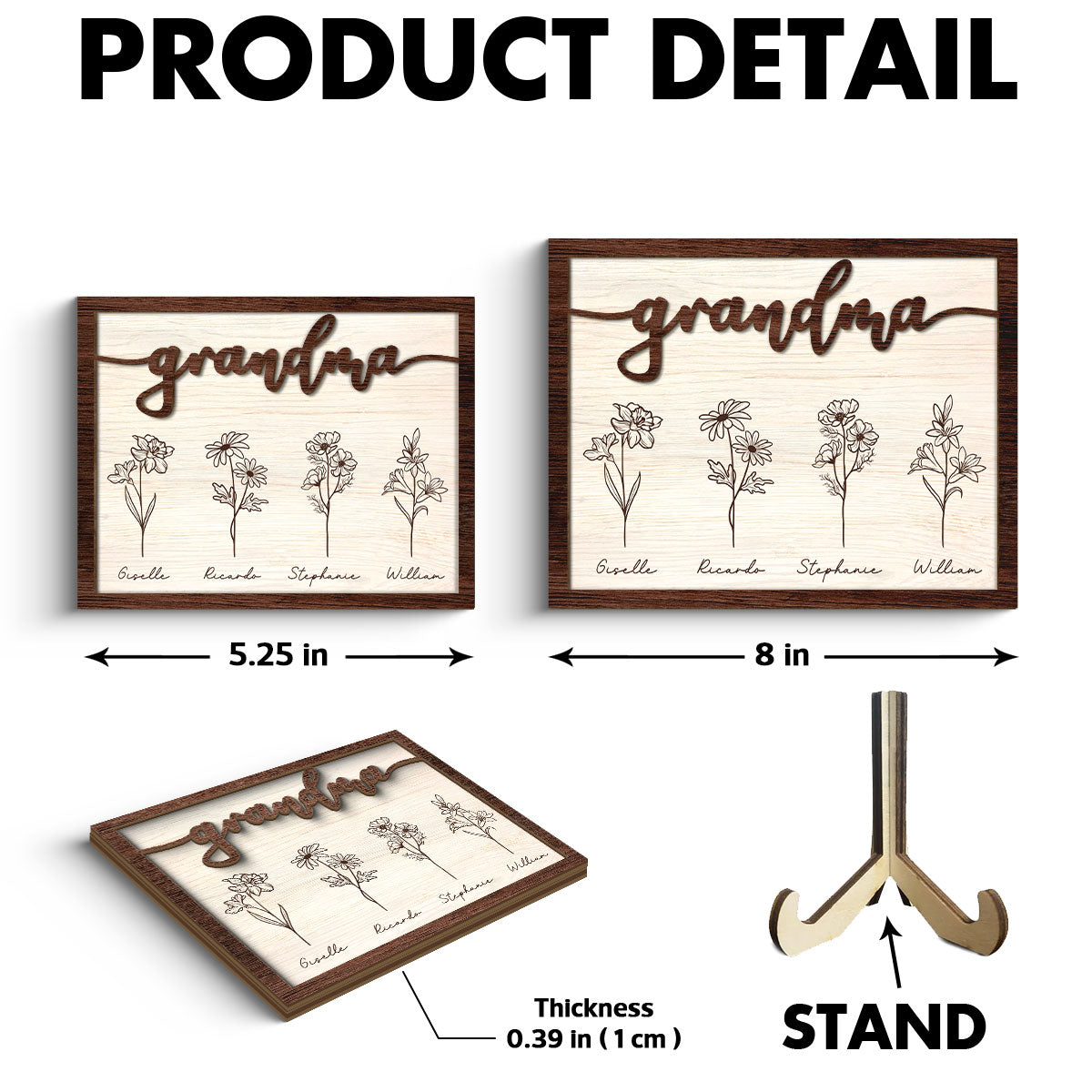 Rustic Grandma Flowers Personalized 2-Layer Wooden Plaque