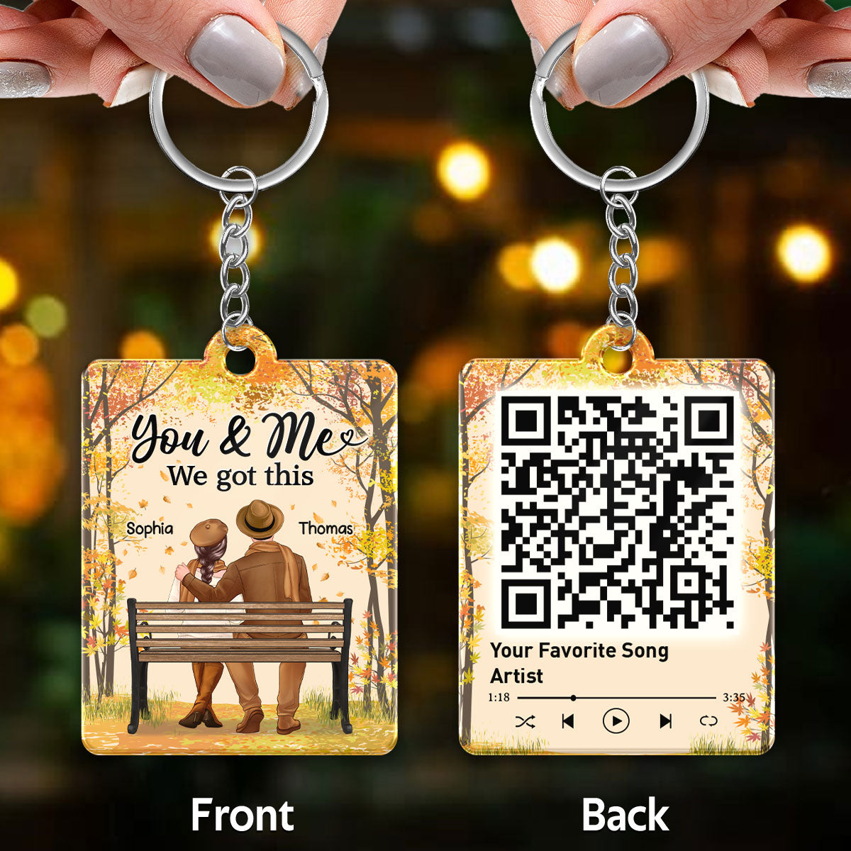 Fall Season Couple Sitting Back View Favorite Song QR Code Personalized Acrylic Keychain