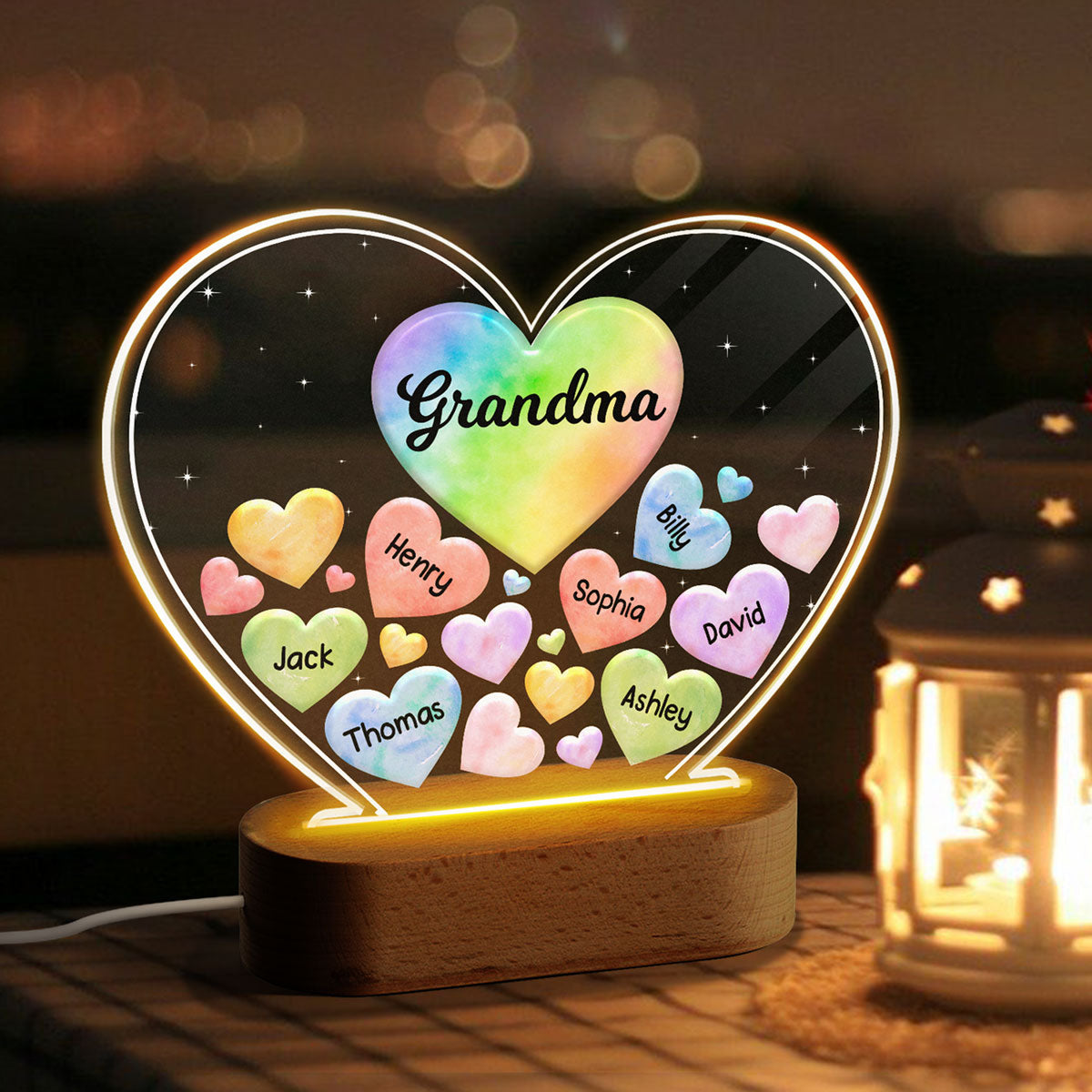 Grandma Mom Hearts In Heart - Personalized Acrylic Block Plaque LED Night Light