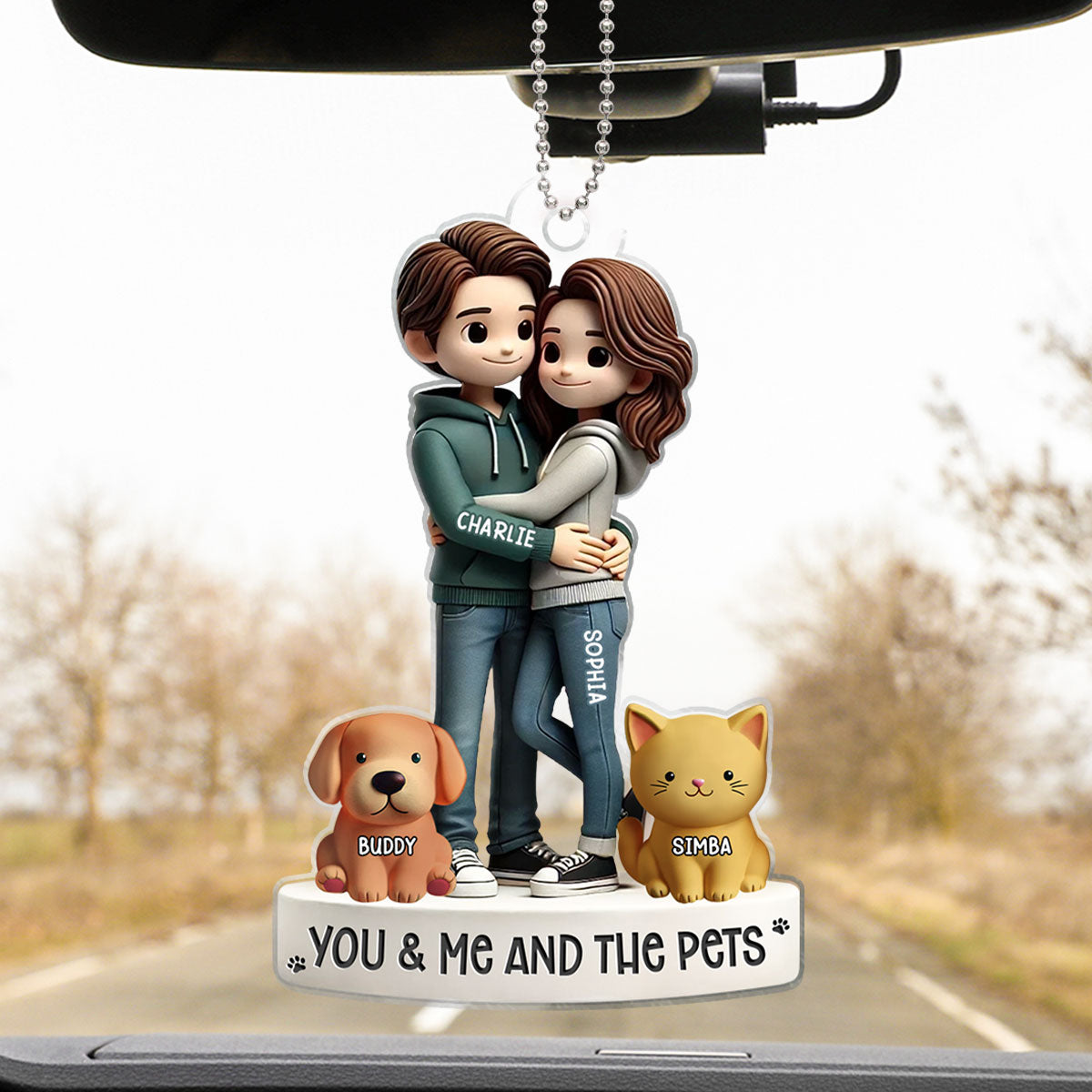 Couple Hugging You Me And The Dog Cats Personalized Acrylic Car Hanger Ornament, Heartfelt Gift For Couple, For Dog Lovers, Cat Lovers, Pet Lovers