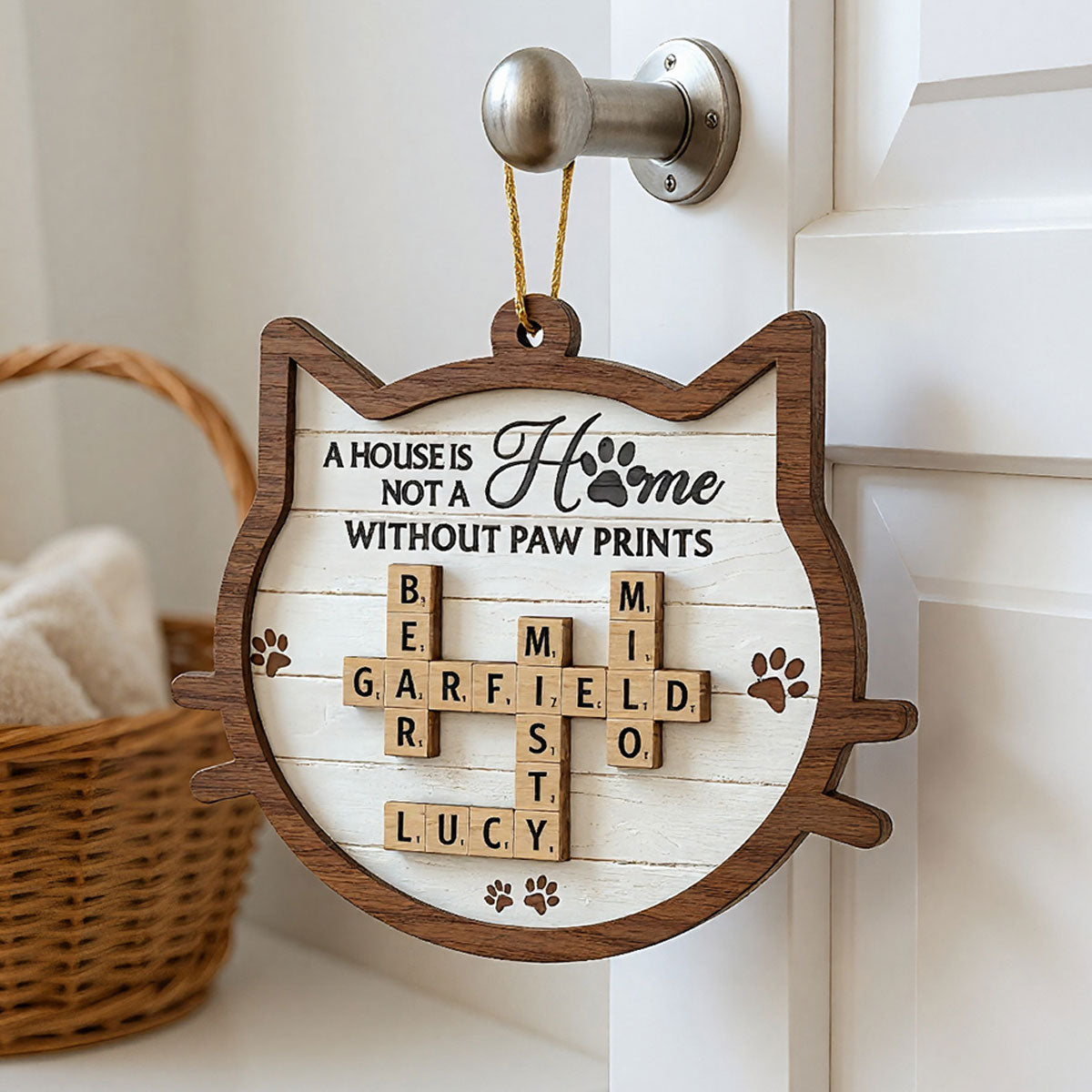 Cat Face Shape A House Is Not A Home Without Paw Prints Crossword Art Personalized 2-Layer Wooden Ornament