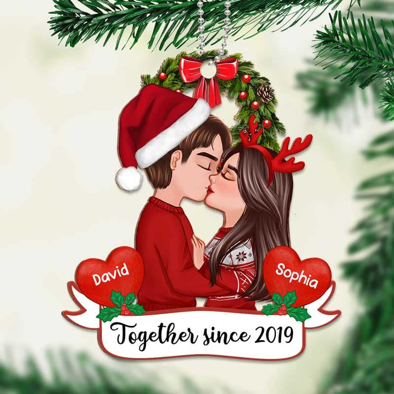Doll Couple Kissing Christmas Personalized Wooden Ornament