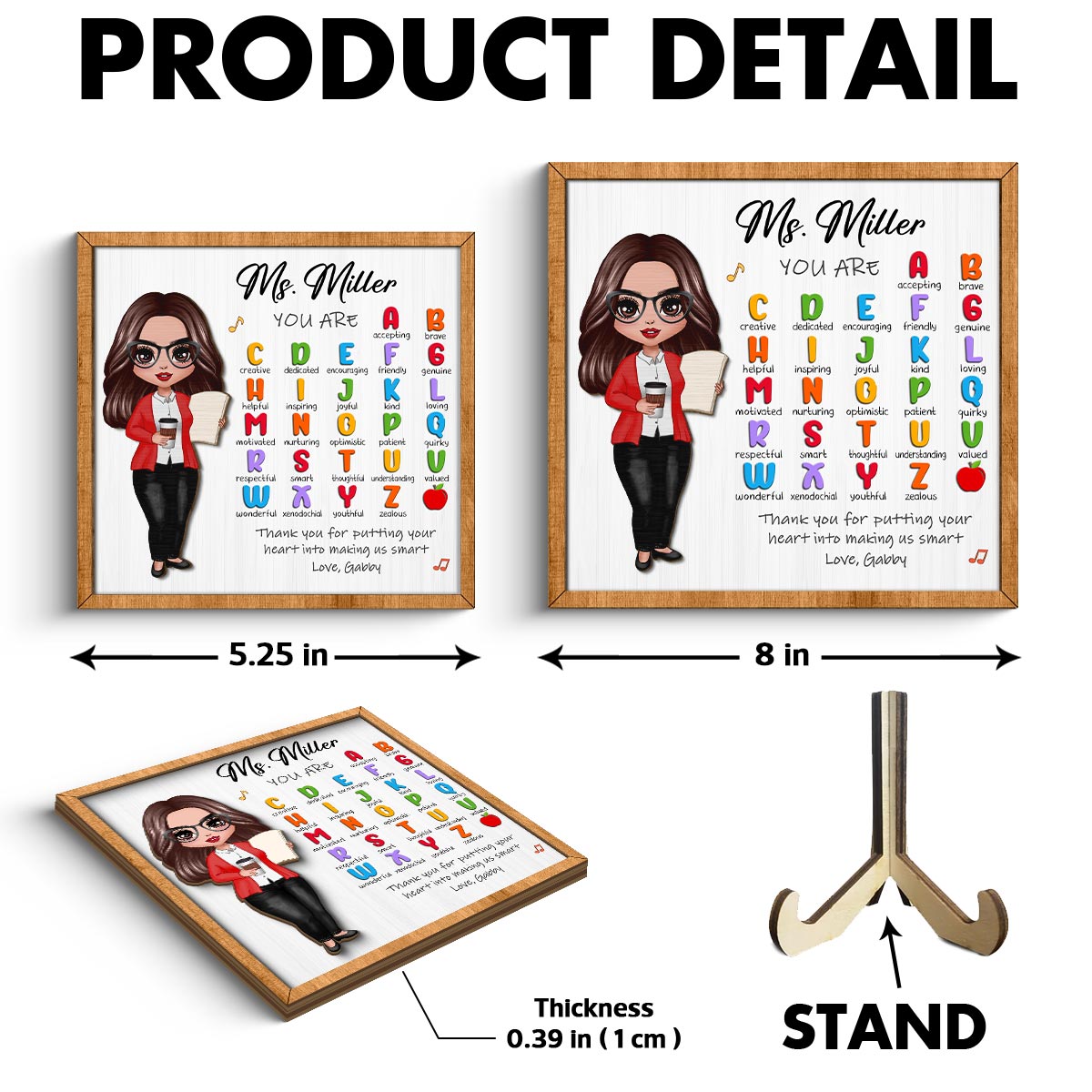 Teacher Appreciation Gift Thank You Alphabet Characteristics Doll Teacher Personalized 2-Layer Wooden Plaque