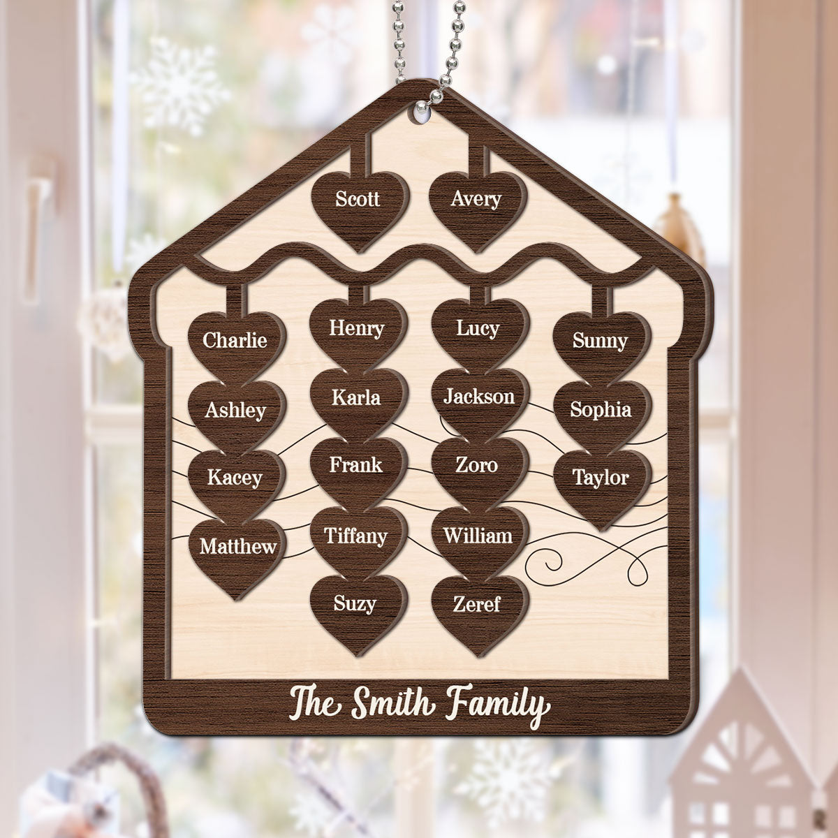Hearts Hanging Family Christmas Personalized 2-Layer Wooden Ornament