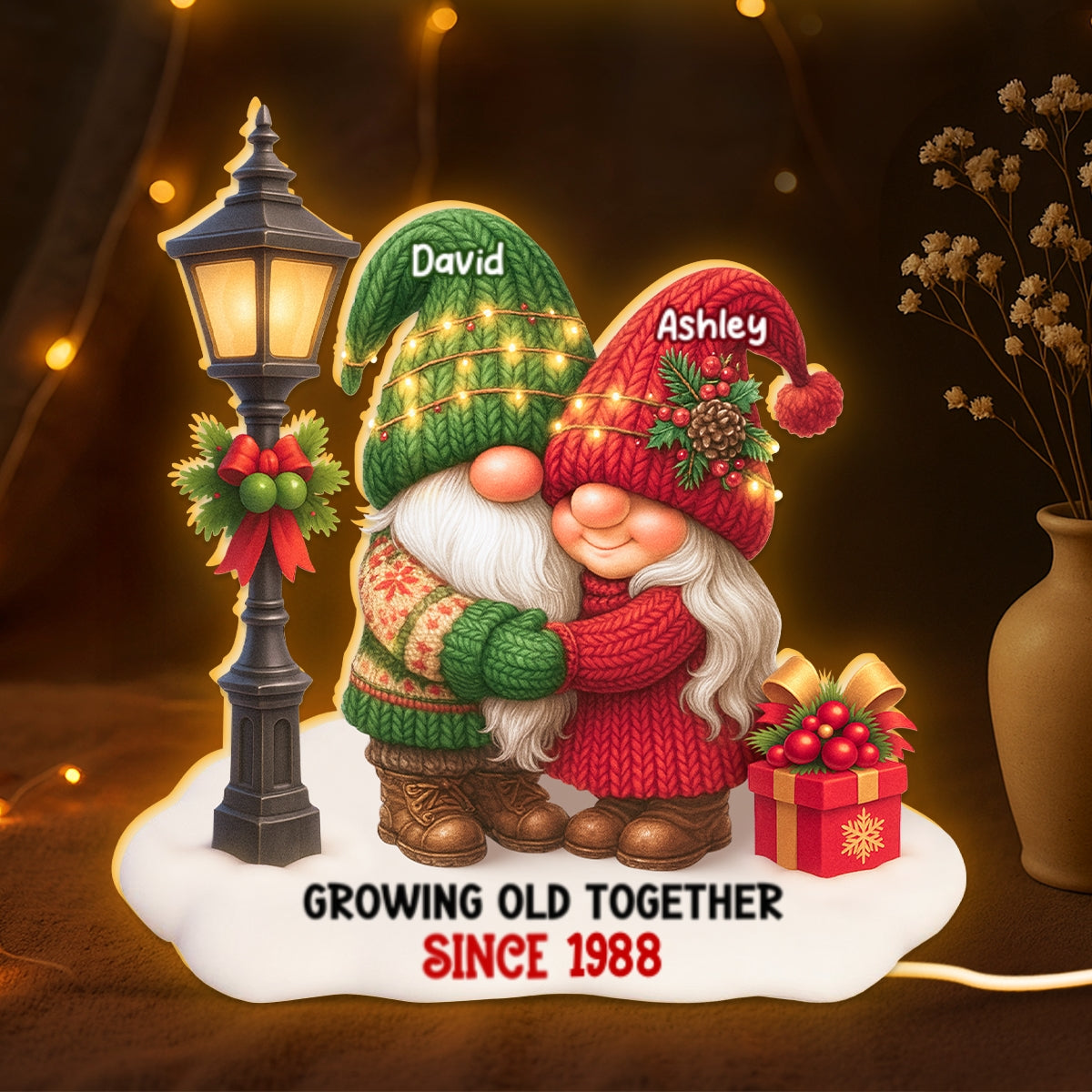 Gnome Christmas Couple Growing Old Together Personalized Light Box, Gift for him, for her