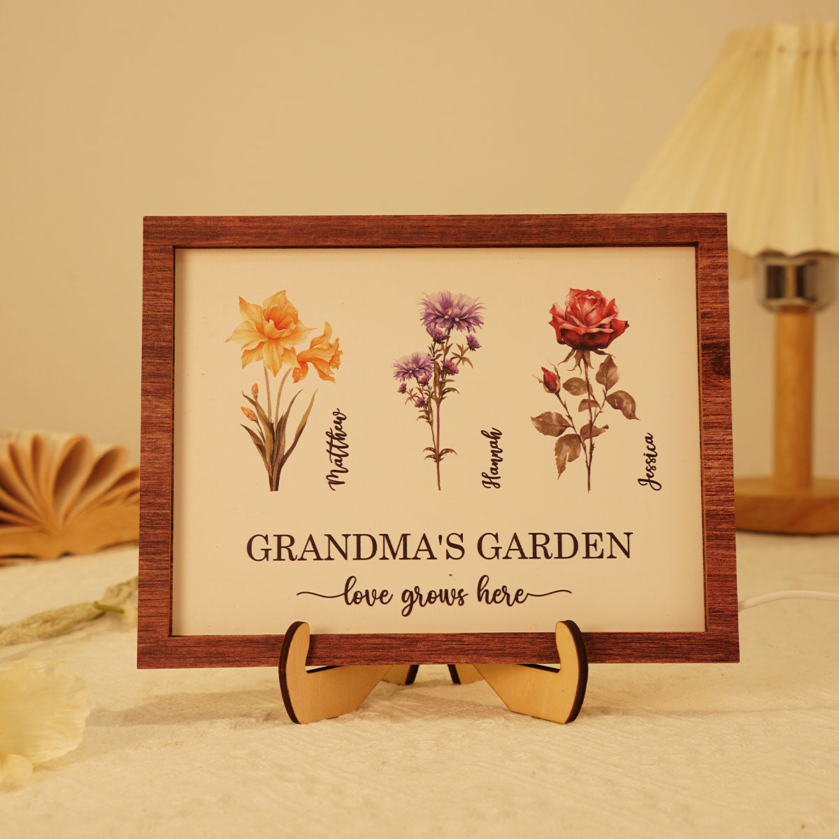 Grandma's Garden Love Grows Here Birth Month Flower Personalized 2-Layered Wooden Plaque with LED, Heartfelt Mother's day gift for Grandma, Mom