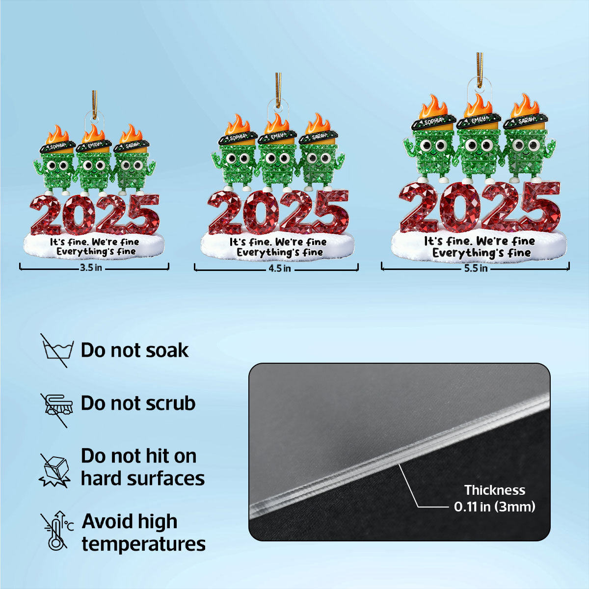 3D Crystal Effect Dumpster Fire It's Fine We're Fine - Personalized Acrylic Ornament - Funny Christmas Gift For Colleagues, Matching Group Ornaments