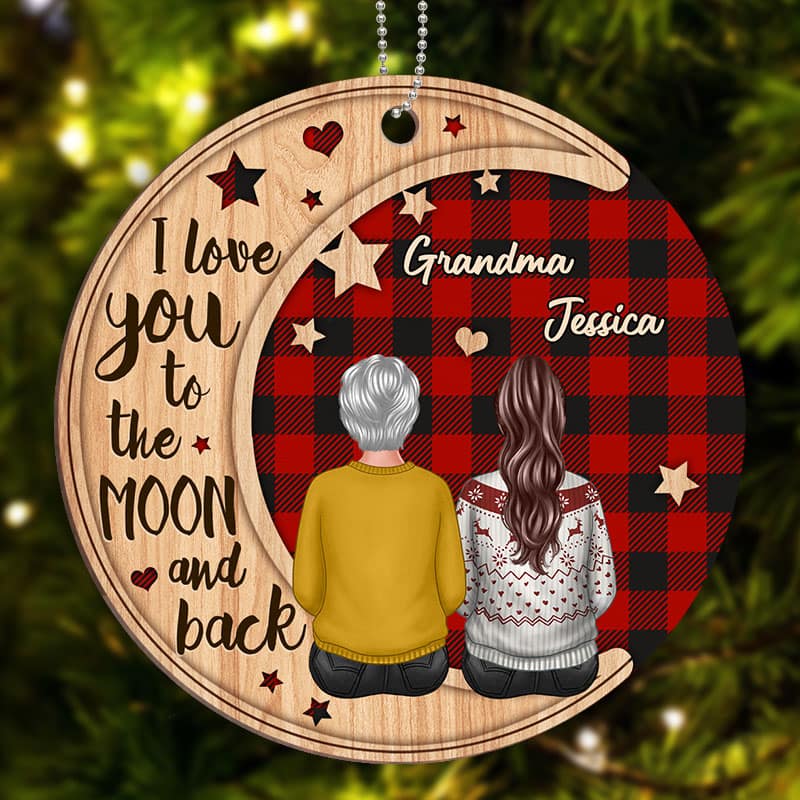 Checkered Pattern Grandma Adult Grandkid On Moon Personalized Wooden Ornament