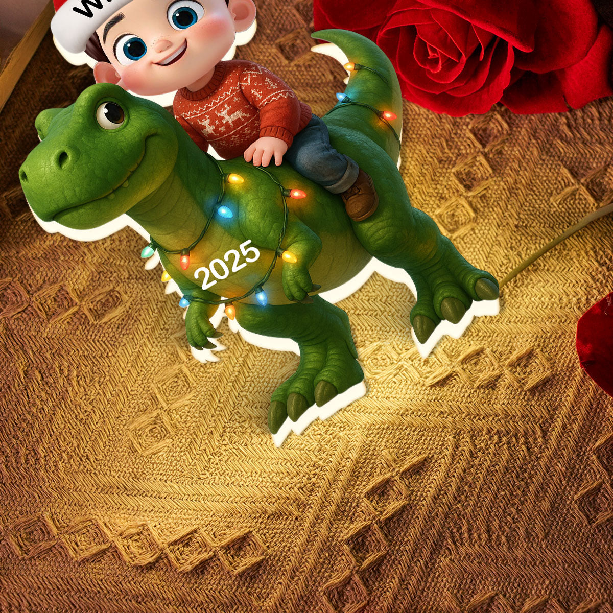 3D Effect Cute Cartoon Kid With Dinosaur Christmas Personalized LED Light Box