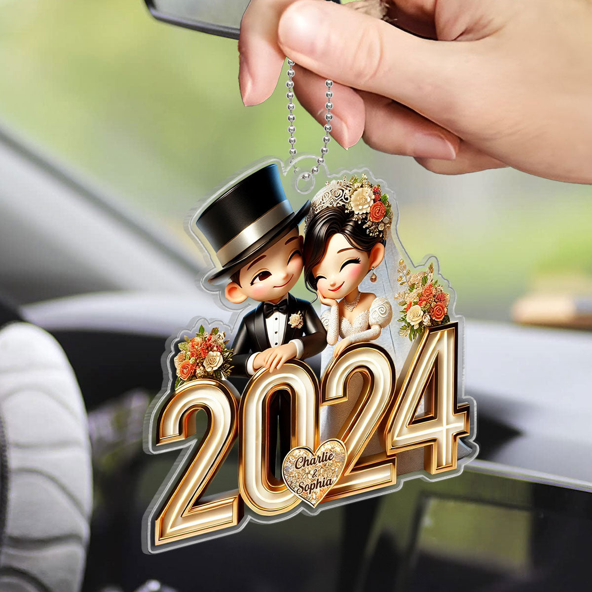 3D Effect Happy Newlywed Cartoon Couple Personalized Car Hanger Ornament, Gift For Him, For Her, For Newlywed Couple