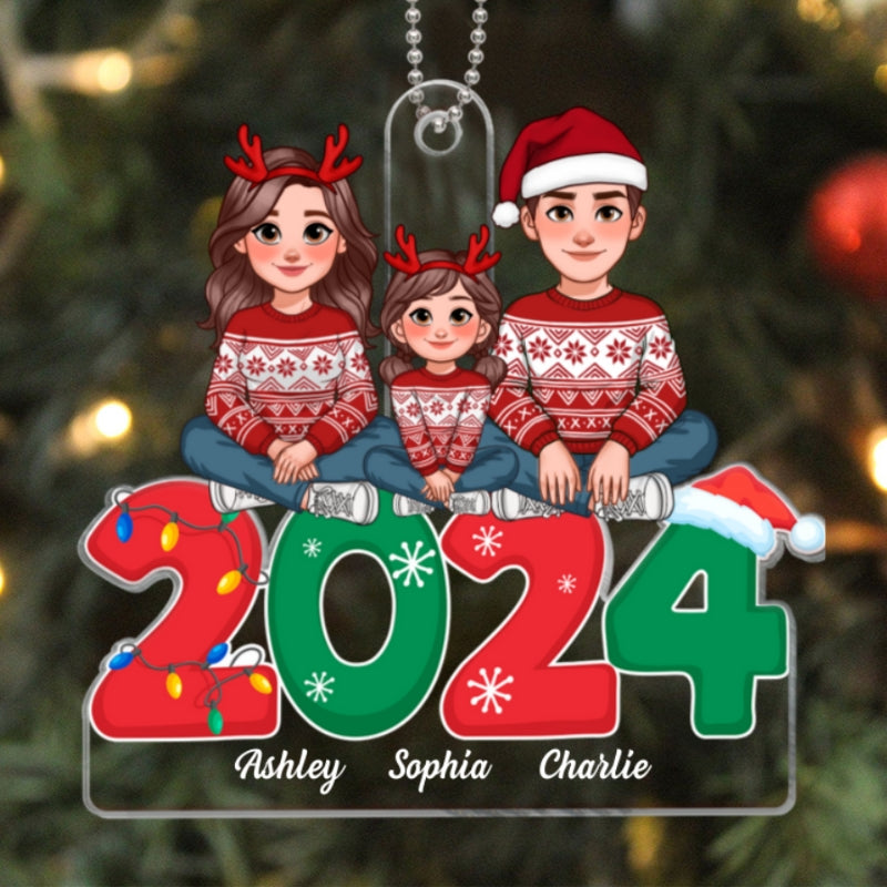 Animated Family Sitting On 2024 Christmas Personalized Acrylic Ornament