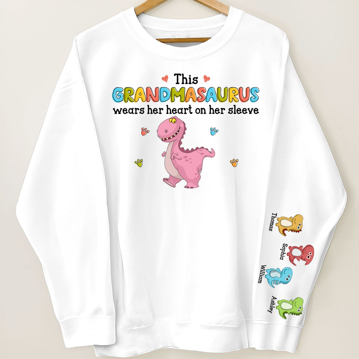 This Grandmasaurus Wears Her Heart On Her Sleeve Personalized Sleeve Printed Sweatshirt