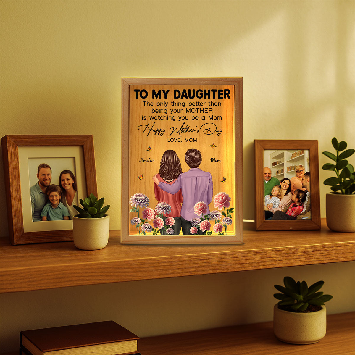 To My Daughter From Mom Happy Mother's Day Birth Flower Personalized Wooden Frame LED Light Box, Gift For Daughter