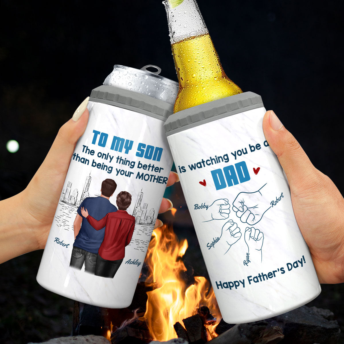 From Mom Dad To Son Watching You Be A Dad Blue Tone Personalized 4-in-1 Can Cooler, Gift For Son