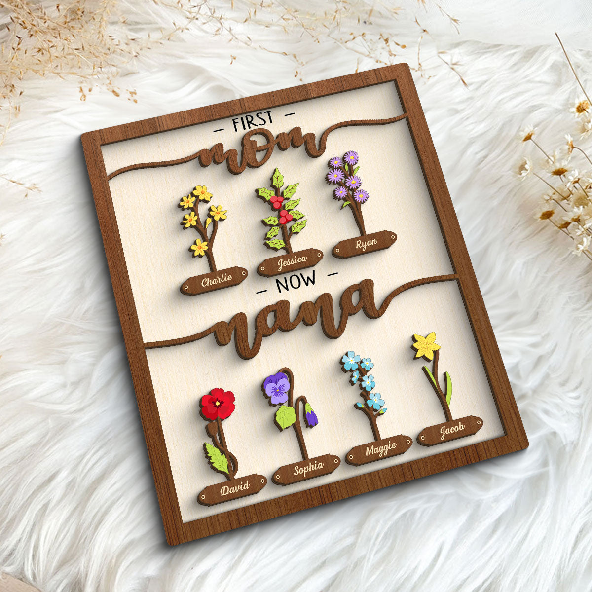 First Mom Now Grandma Simple Birth Month Flowers Personalized 2-layer Wooden Plaque