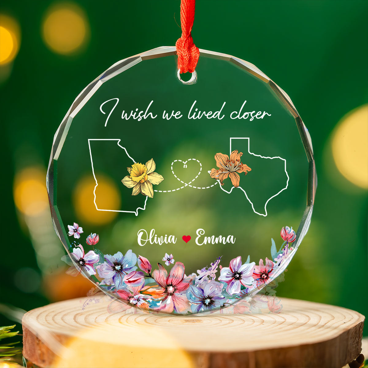 Long Distance Birth Month Flowers Besties Sisters Personalized Glass Ornament, Christmas Gift
