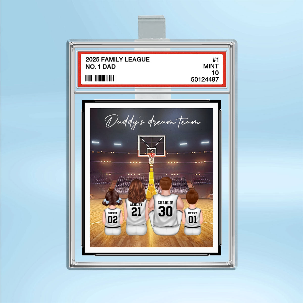 Basketball No. 1 Dad Man & Kids Sitting Trading Card Style Personalized Acrylic Car Visor Clip