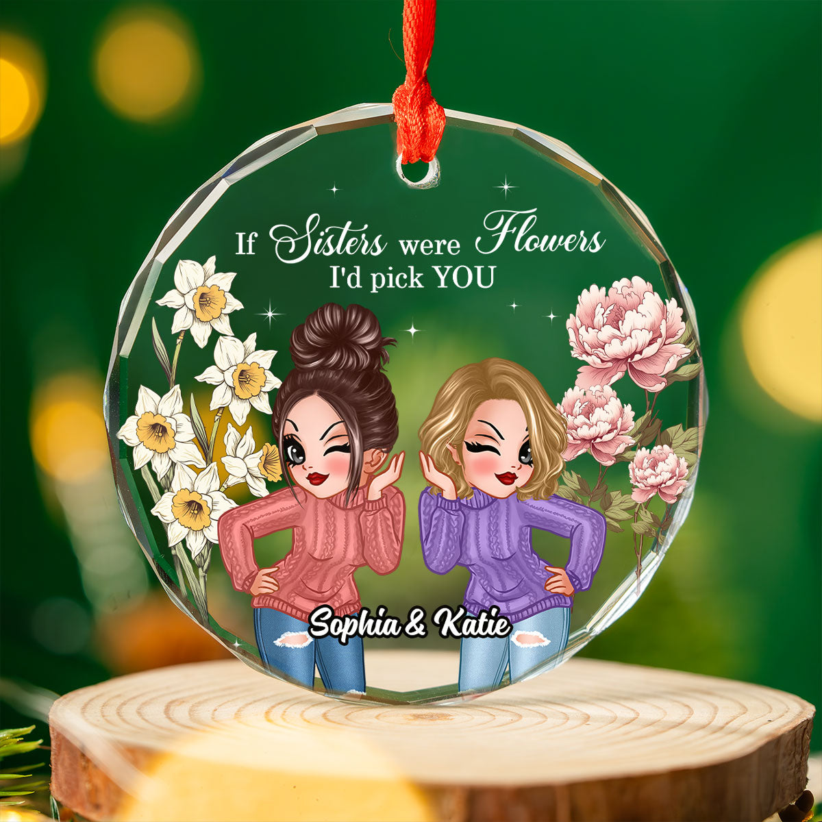 Besties Sisters Birth Month Flowers Personalized Glass Ornament, Christmas Gift For Best Friends
