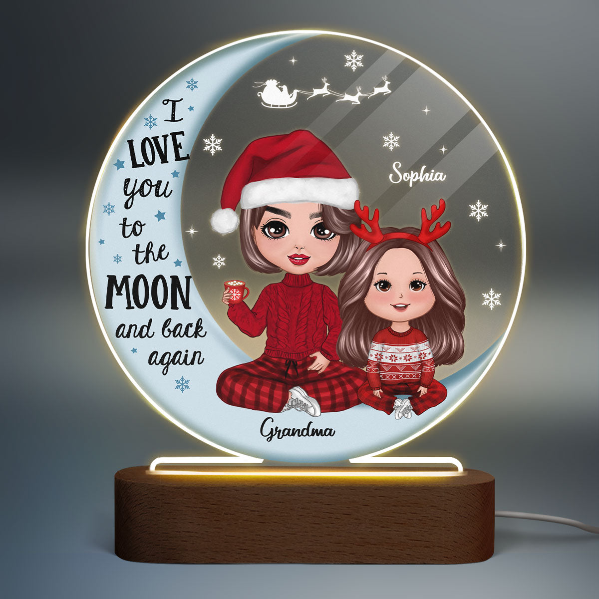 Doll Grandma & Grandkid On Moon Christmas Gift Personalized Circle Acrylic Plaque With LED Night Light
