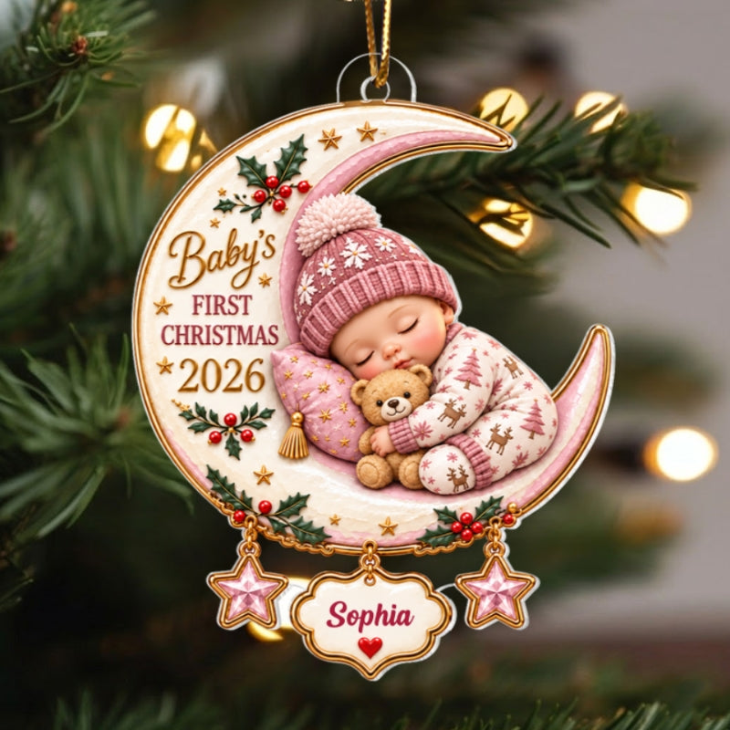 Baby's First Christmas Custom Name Moon & Star - Personalized Acrylic Ornament - Newborn Christmas Gift for New Parents