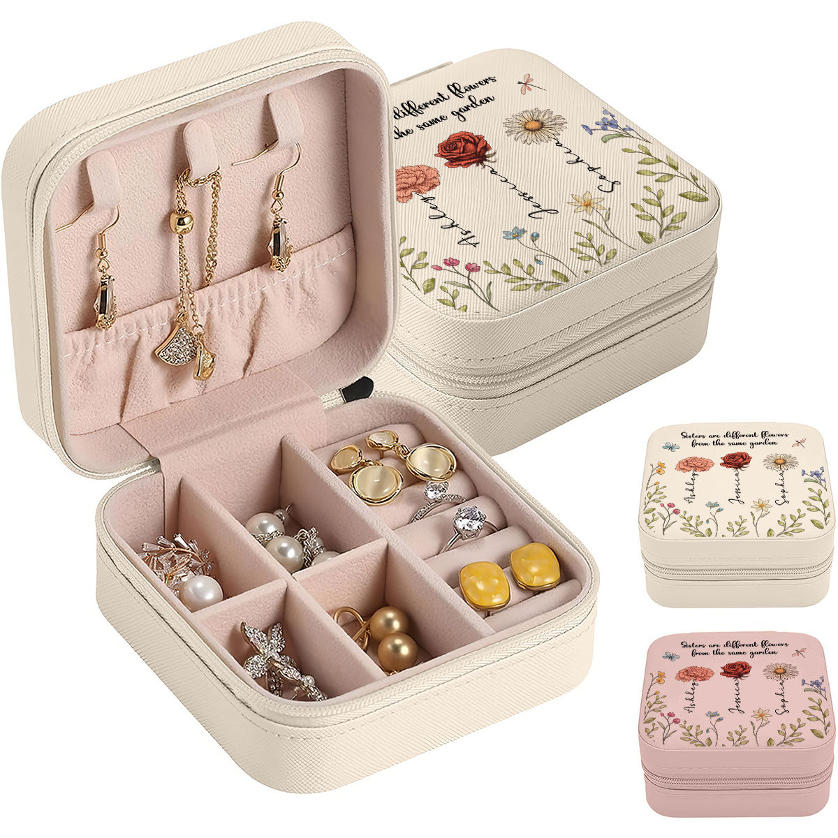 Sisters Are Different Flowers From The Same Garden Personalized Portable Jewelry Box, Birthday Gift For Sisters, Siblings, Besties or Just Because