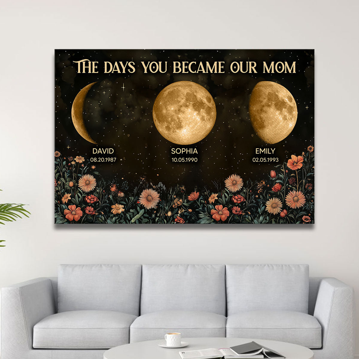 Vintage Flowers The Day You Become Mom Grandma Custom Birth Moon Phase Personalized Canvas Prints