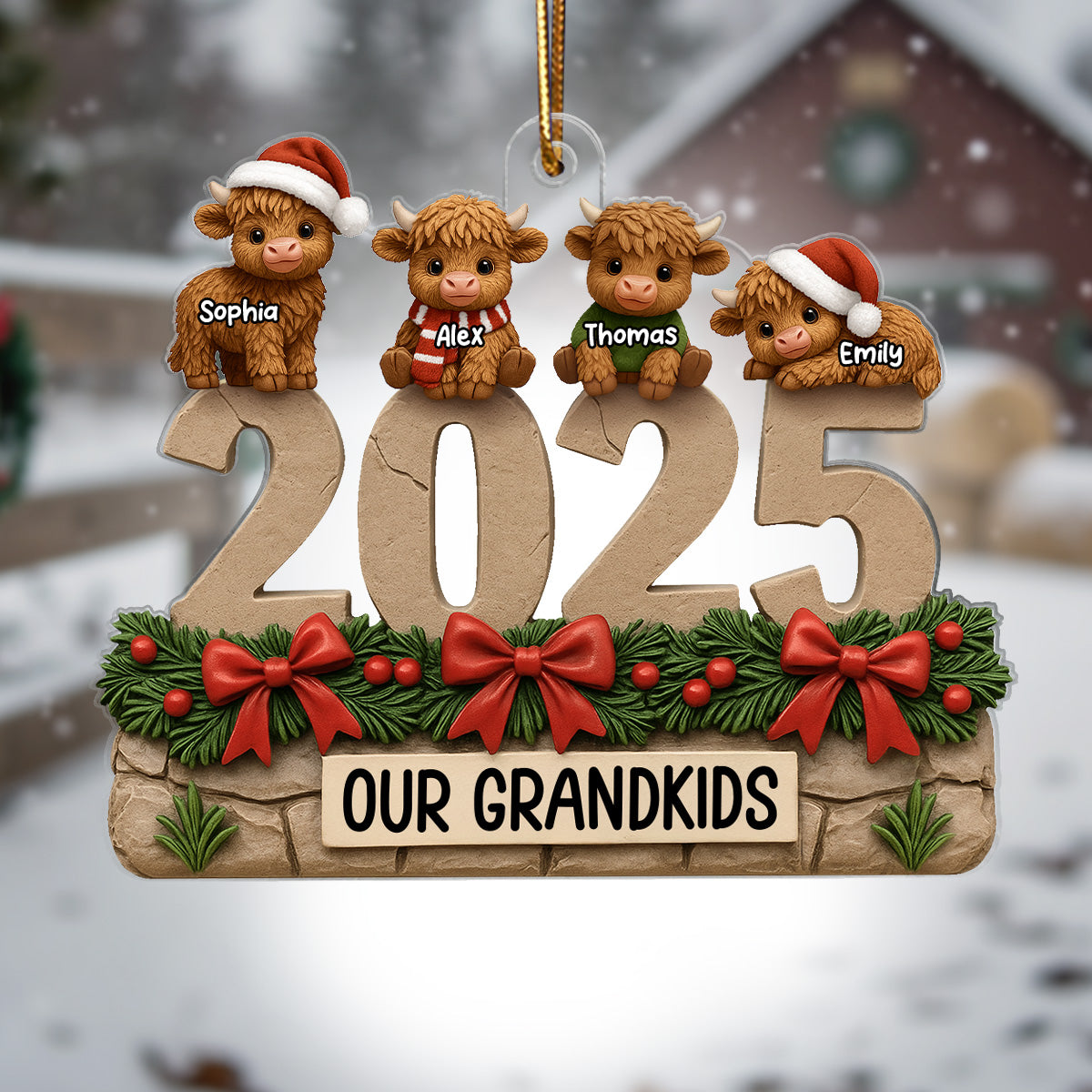 3D Effect Christmas Highland Cows Our Grandkids - Personalized Acrylic Ornament - Gift For Grandparents, Grandkids