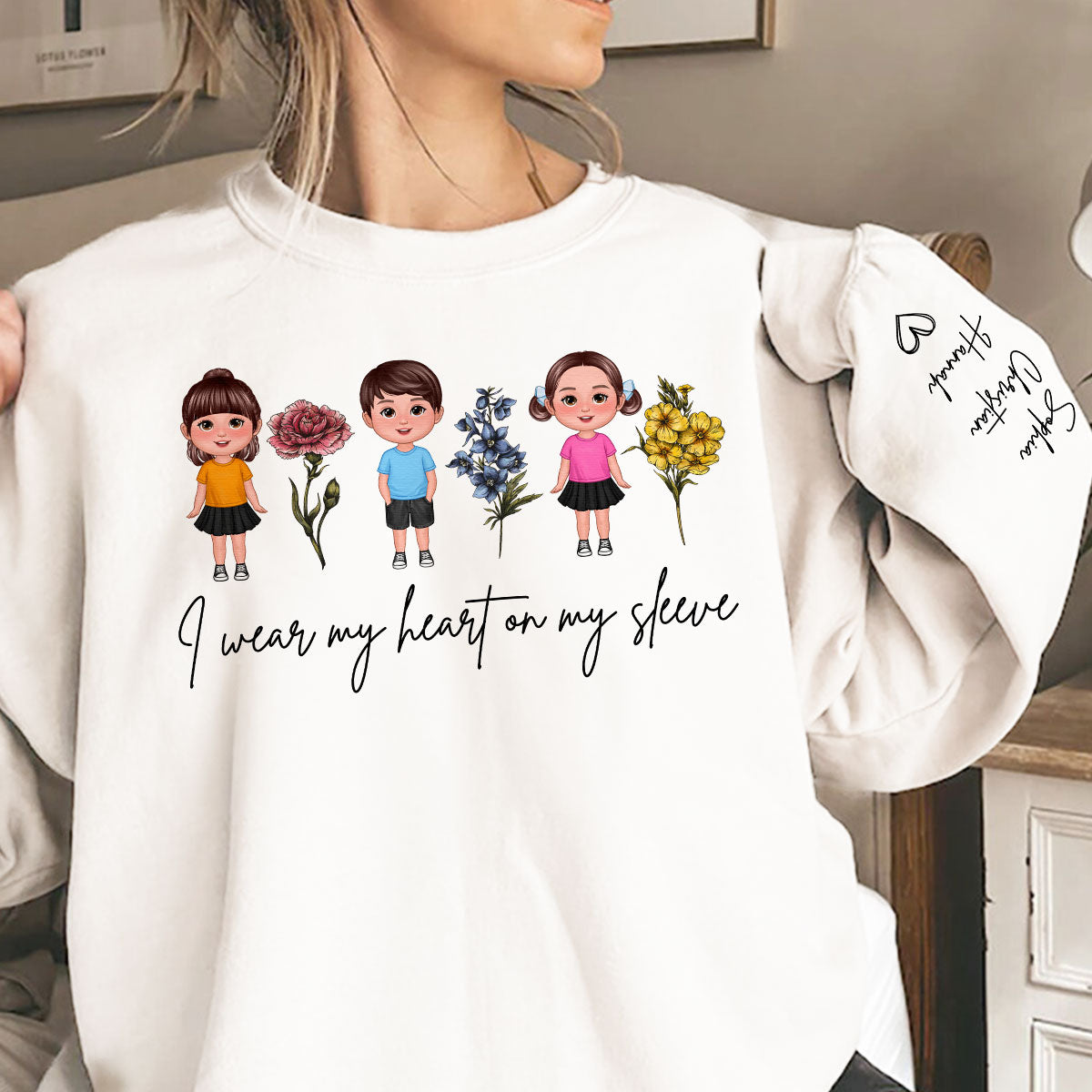 I Wear My Hearts On My Sleeve Birth Month Flower Personalized Sleeve Printed Sweatshirt