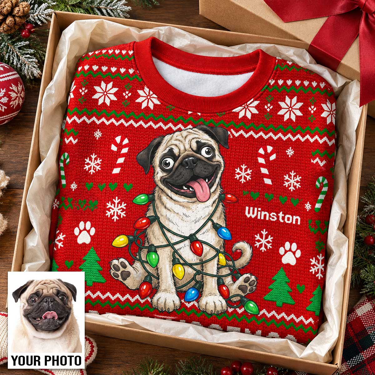 Custom Pet Portrait Quirky Silly Dog - Personalized Faux Knitted Ugly Sweater - Funny Christmas Gift For Dog Lover