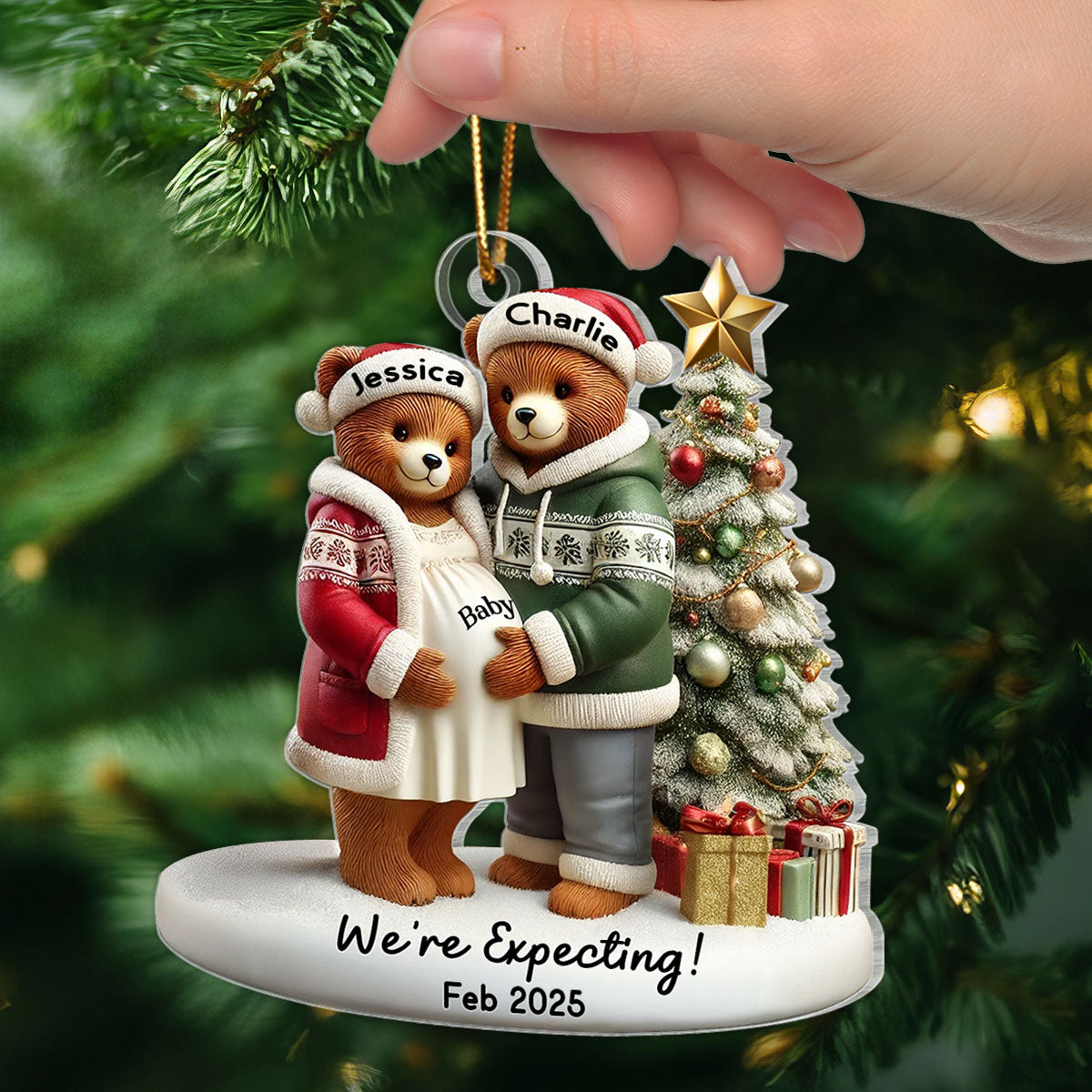 3D Effect Bear Couple Family Expecting New Baby Pregnancy Announcement Keepsake Personalized Acrylic Ornament