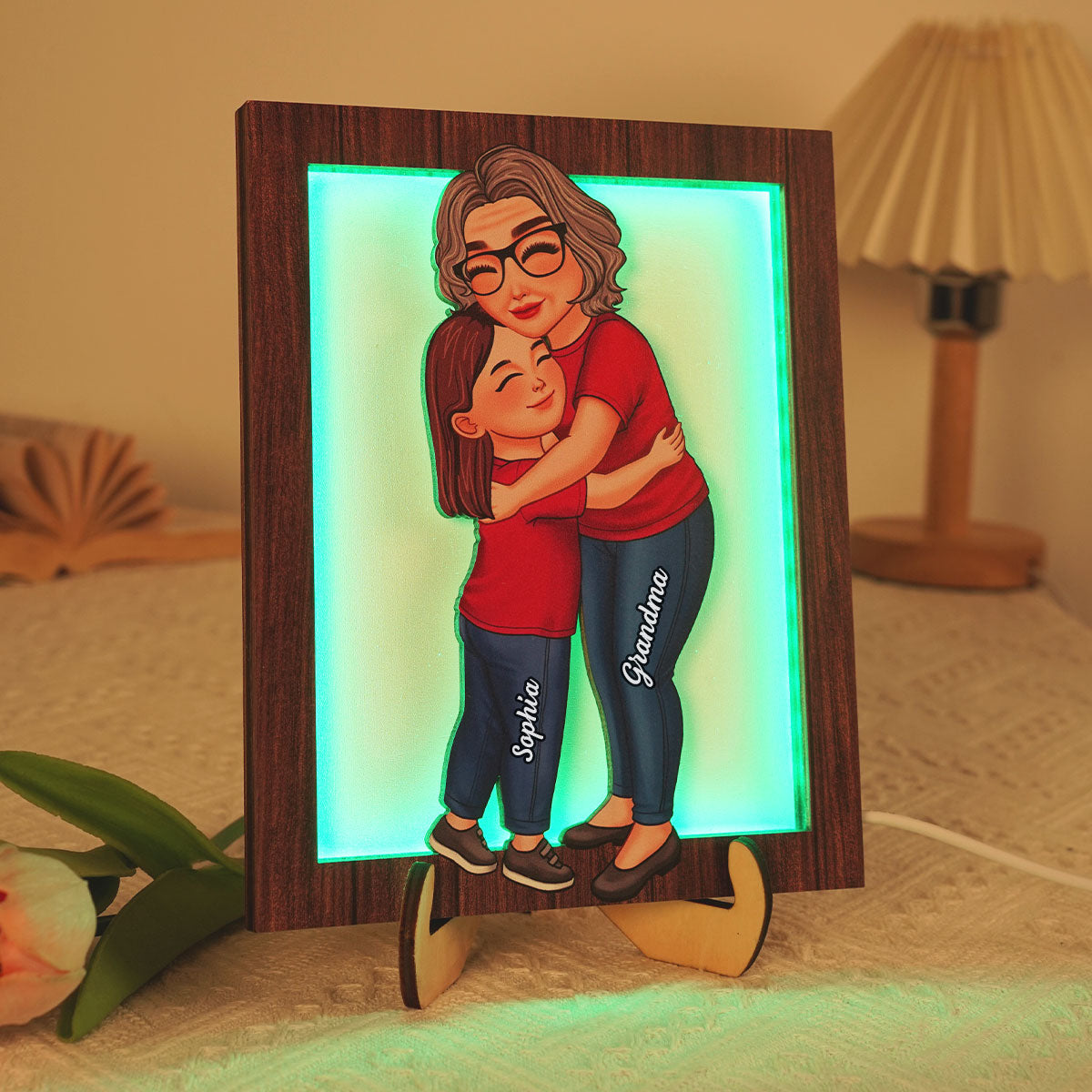 Grandma Grandkid Hugging Personalized 2-Layered Wooden Plaque With LED, Gift for Grandma, Mother's Day