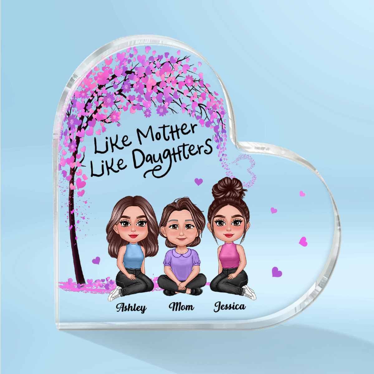 Pretty Doll Mother Daughters Under Pink Purple Tree Personalized Heart Acrylic Plaque