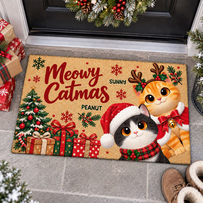 Festive Christmas Meowy Catmas Cute Cats - Personalized Doormat - Christmas Gift For Cat Lovers, Christmas Decor