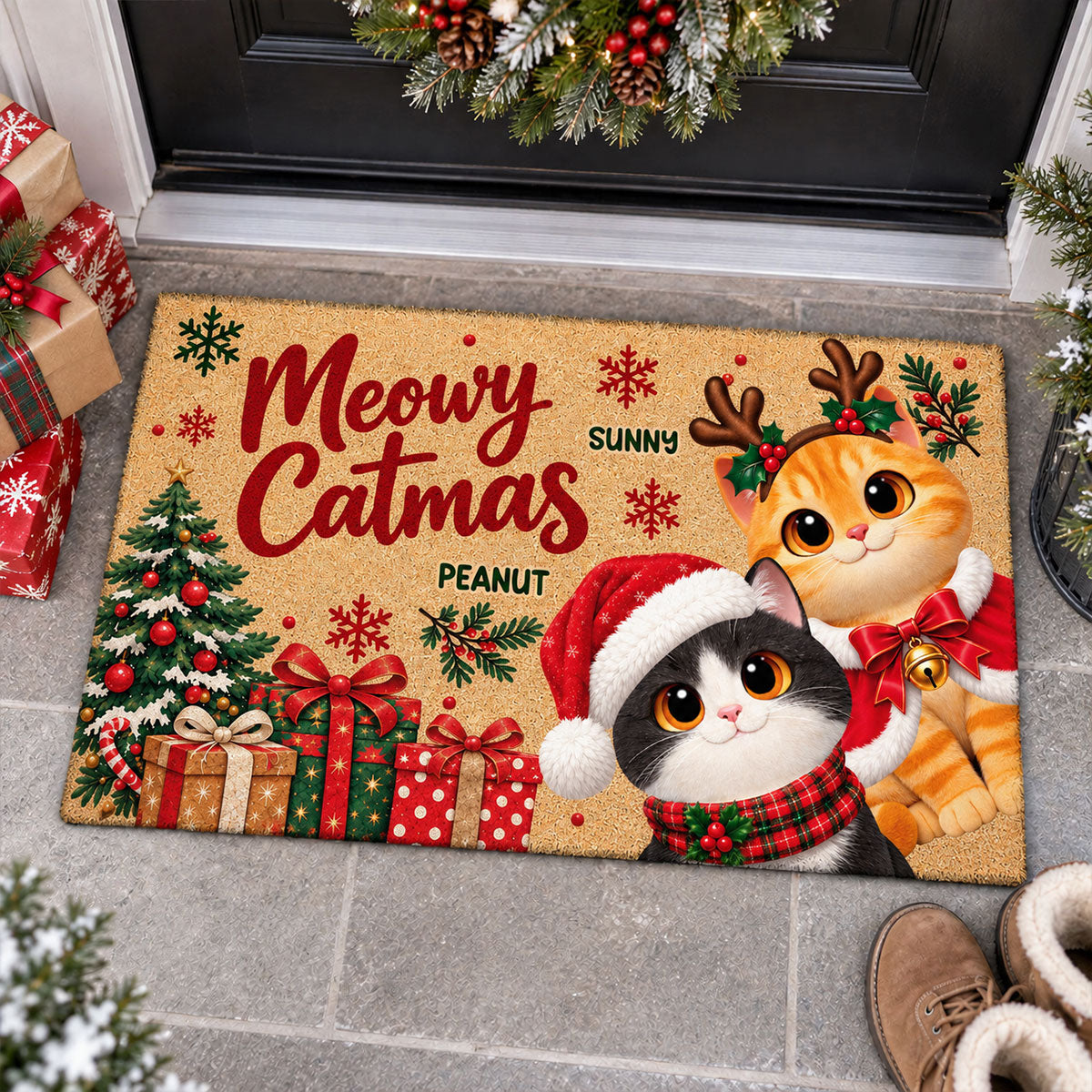 Festive Christmas Meowy Catmas Cute Cats - Personalized Doormat - Christmas Gift For Cat Lovers, Christmas Decor