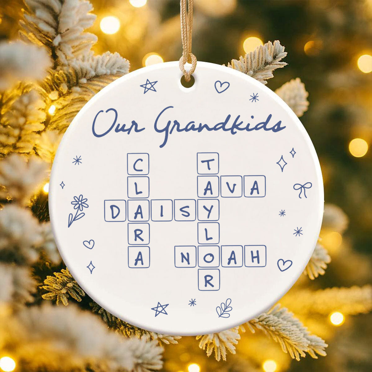 Our Grandkids Line Art Doodle Things Crossword Puzzle Art Gift For Grandma Personalized Ceramic Ornament