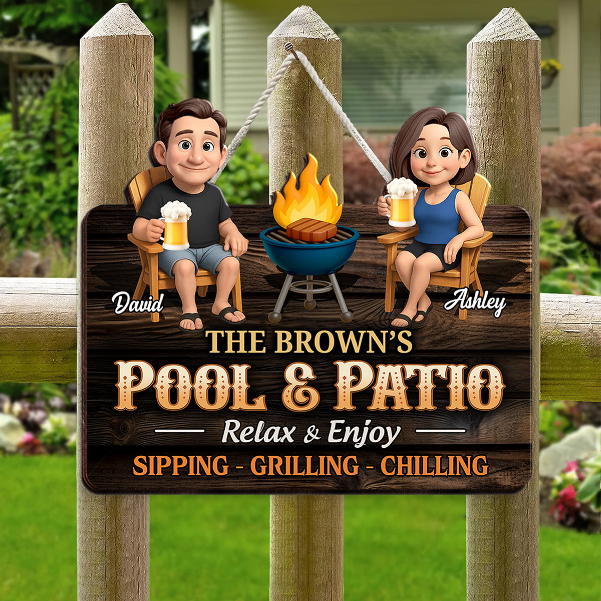 Couple Pool & Patio Sipping Grilling Chilling Personalized Wood Sign