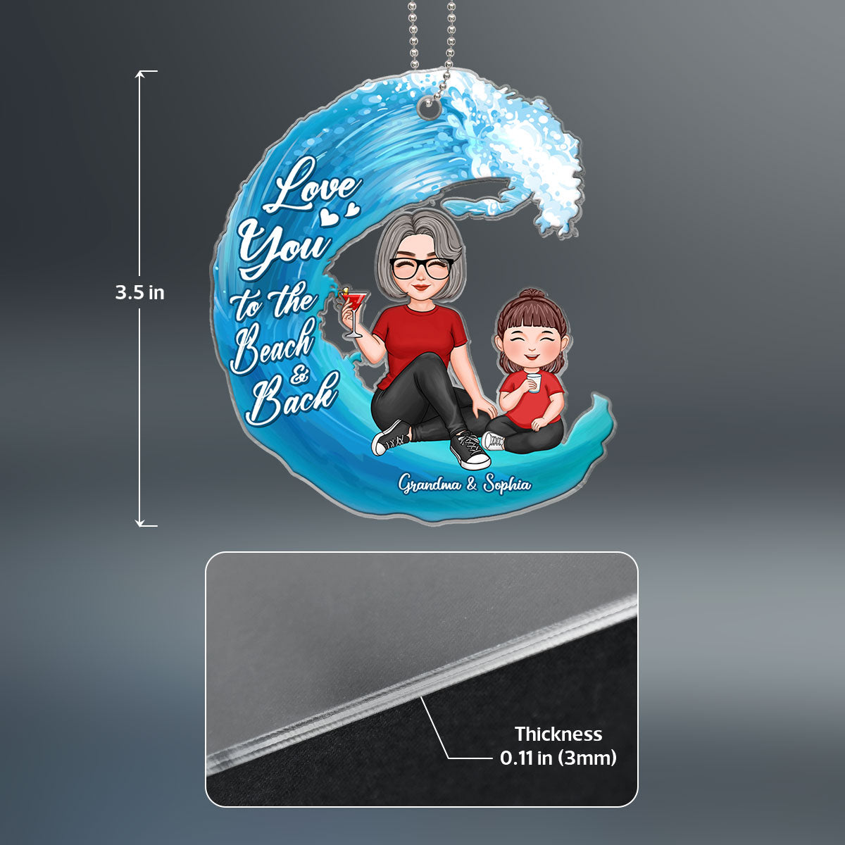 Cute Grandma & Grandkid Love To The Beach Wave Personalized Acrylic Ornament