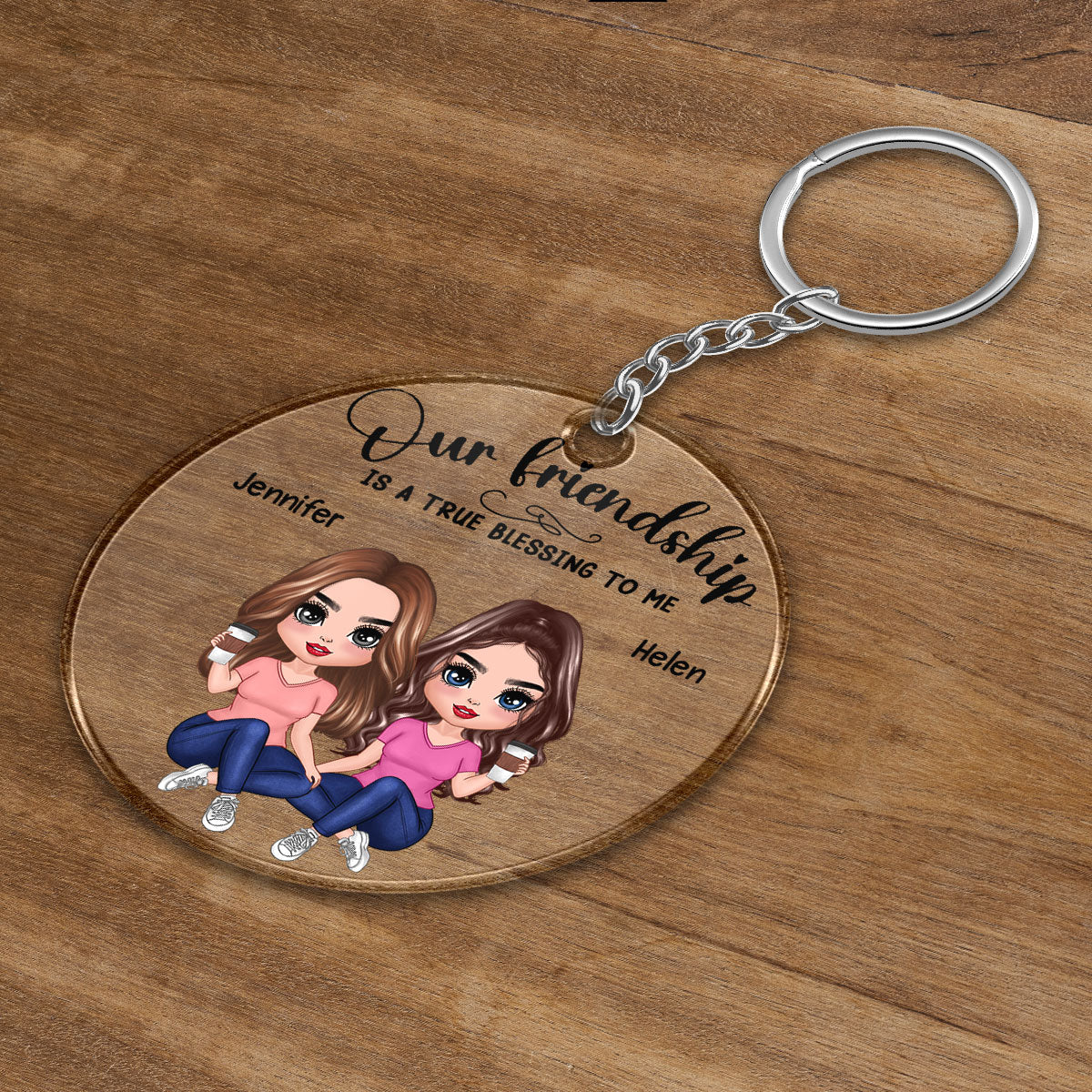 Our Friendship Is True Blessing Pretty Besties Sisters Sitting Personalized Acrylic Keychain