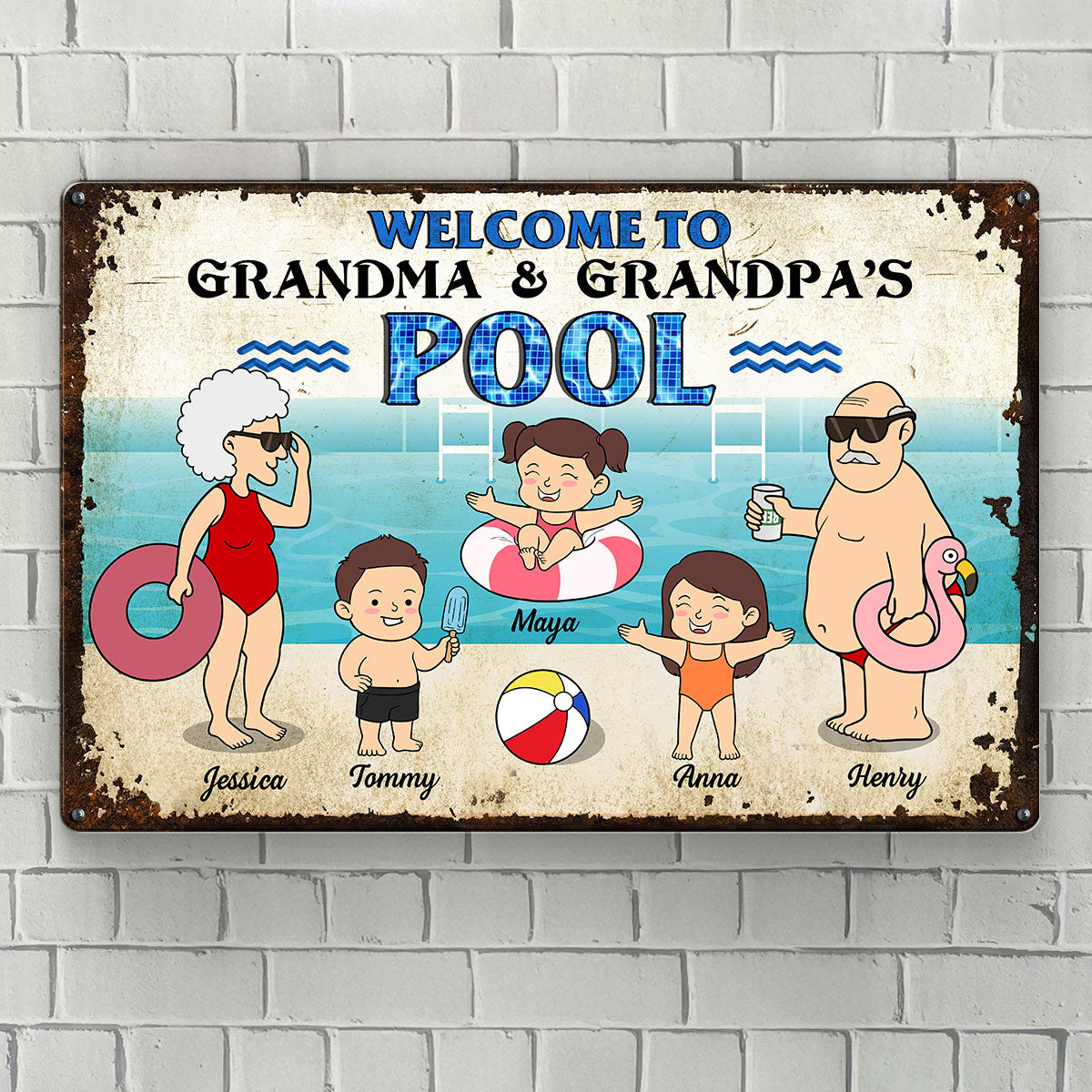 Funny Cartoon Welcome To Grandma Grandpa Pool Personalized Metal Sign