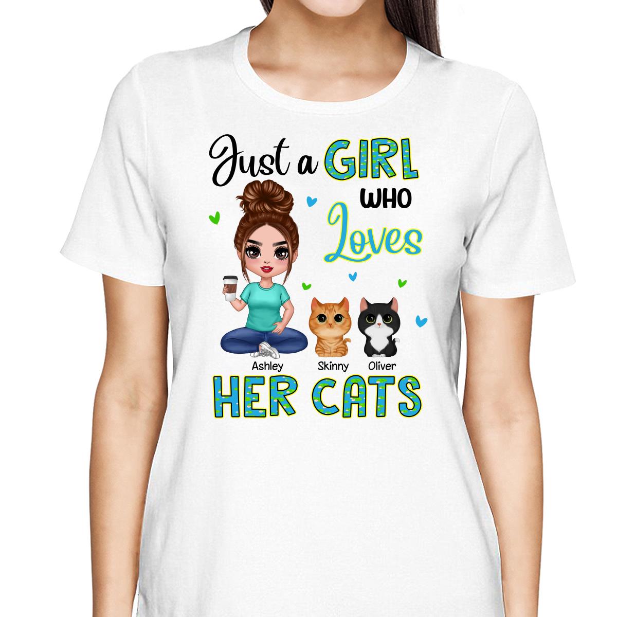Green Pattern Just A Woman Who Loves Cats Doll Girl Sitting With Watercolor Cute Cats Personalized Shirt
