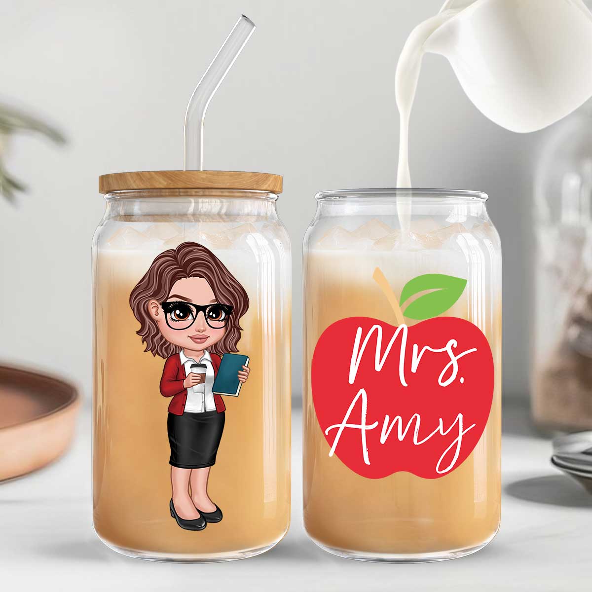Y2K Style Teacher Apple Personalized Clear Glass Can, Gift For Teacher, Appreciation Gift