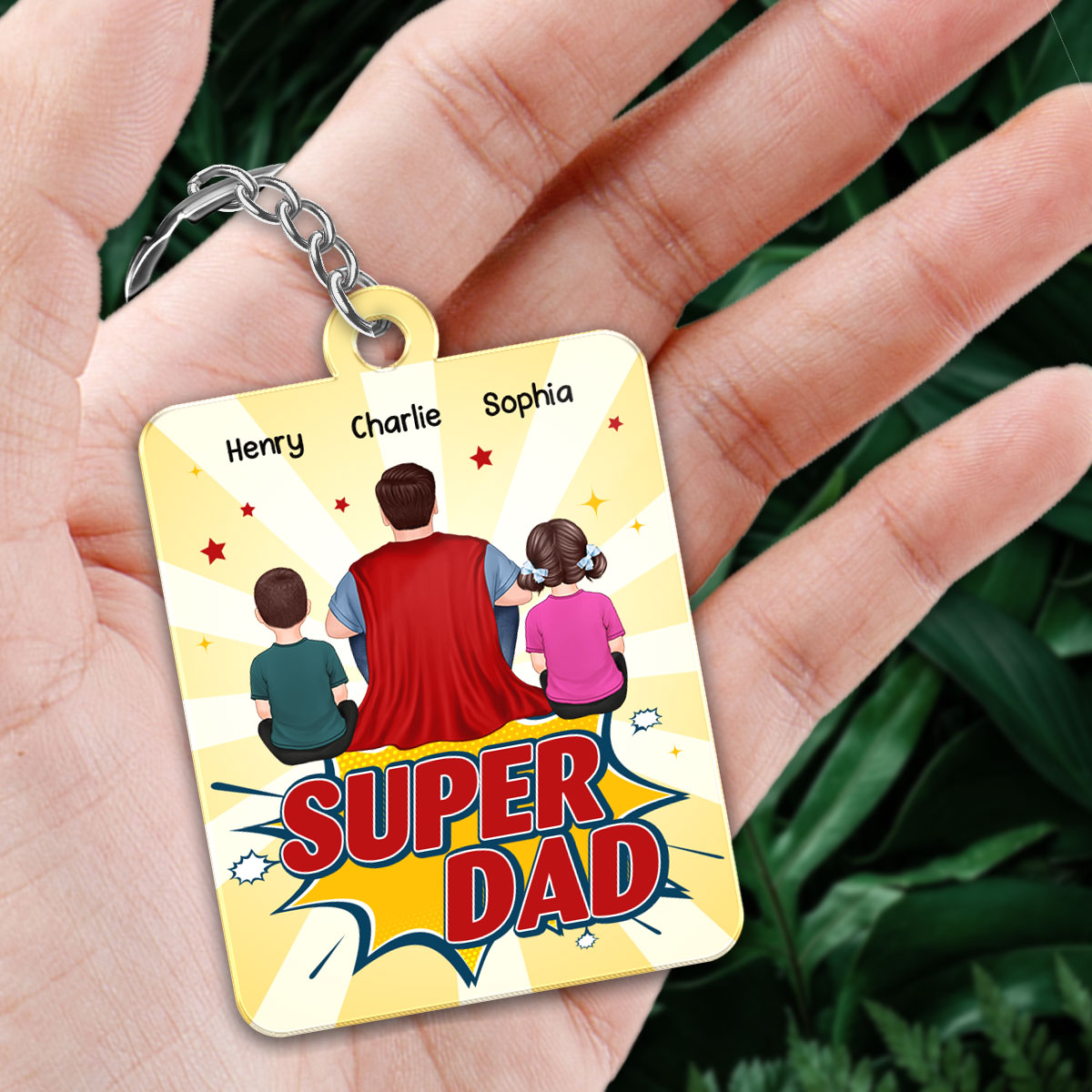 Super Dad And Kids Dogs Cats Back View Personalized Acrylic Keychain