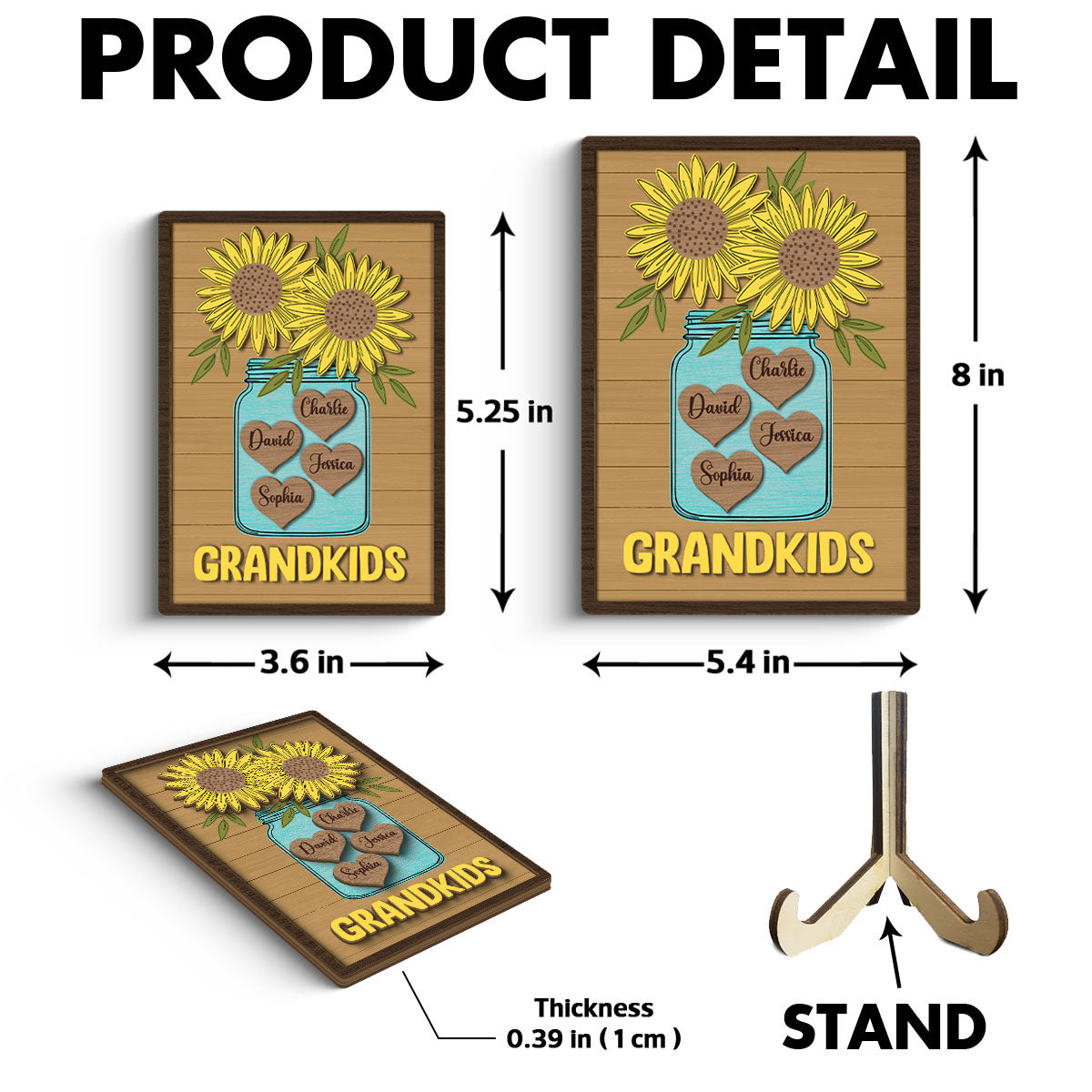 Grandkids Sunflowers Vase Hearts With Kids Names Personalized 2-layer Wooden Plaque