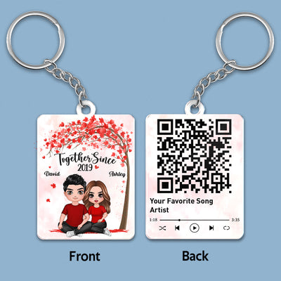 Embracing Couple Sitting Under Tree Favorite Song Scannable QR Code Personalized Acrylic Keychain