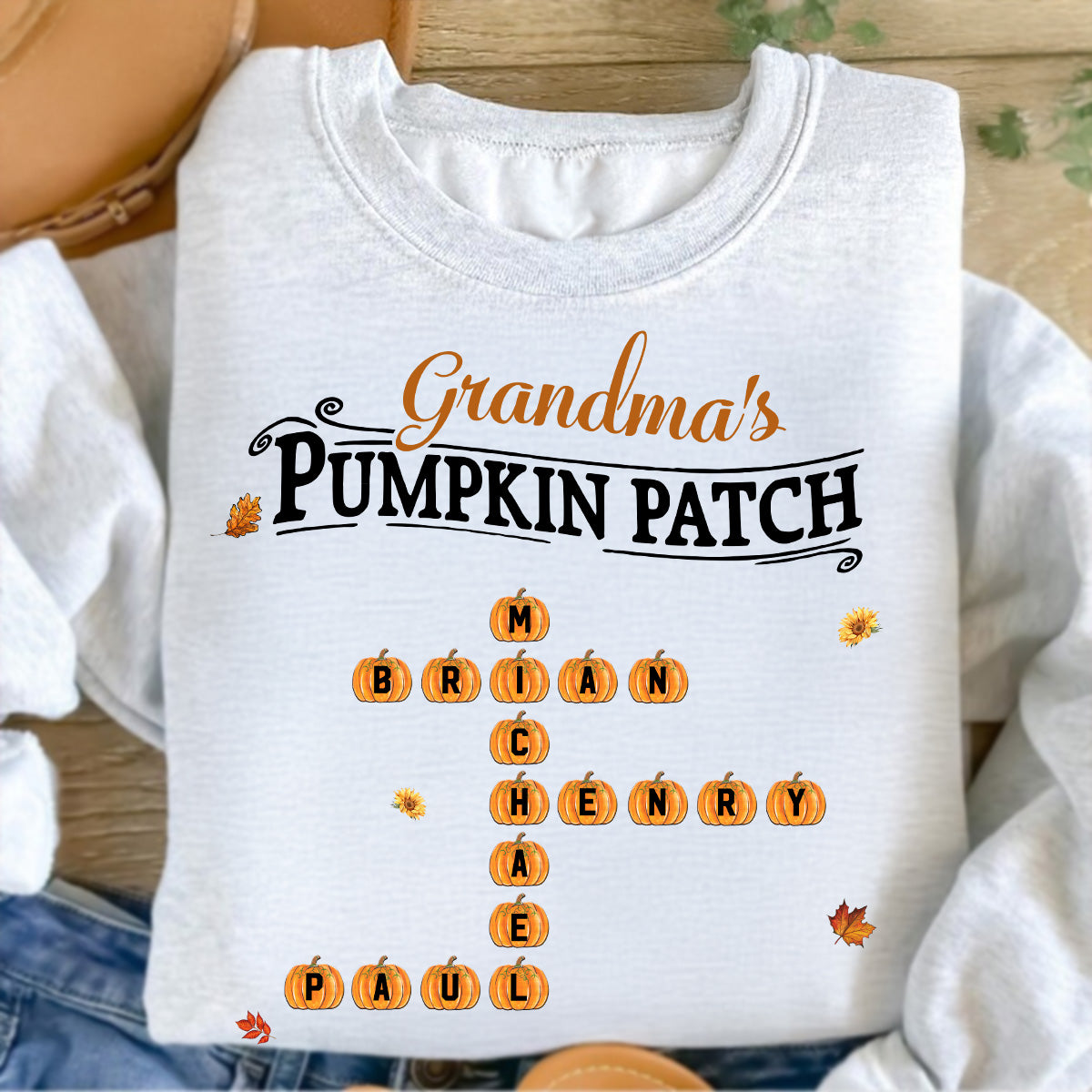 Grandma's Pumpkin Patch Cute Crossword Puzzle Fall Season Personalized Sweatshirt