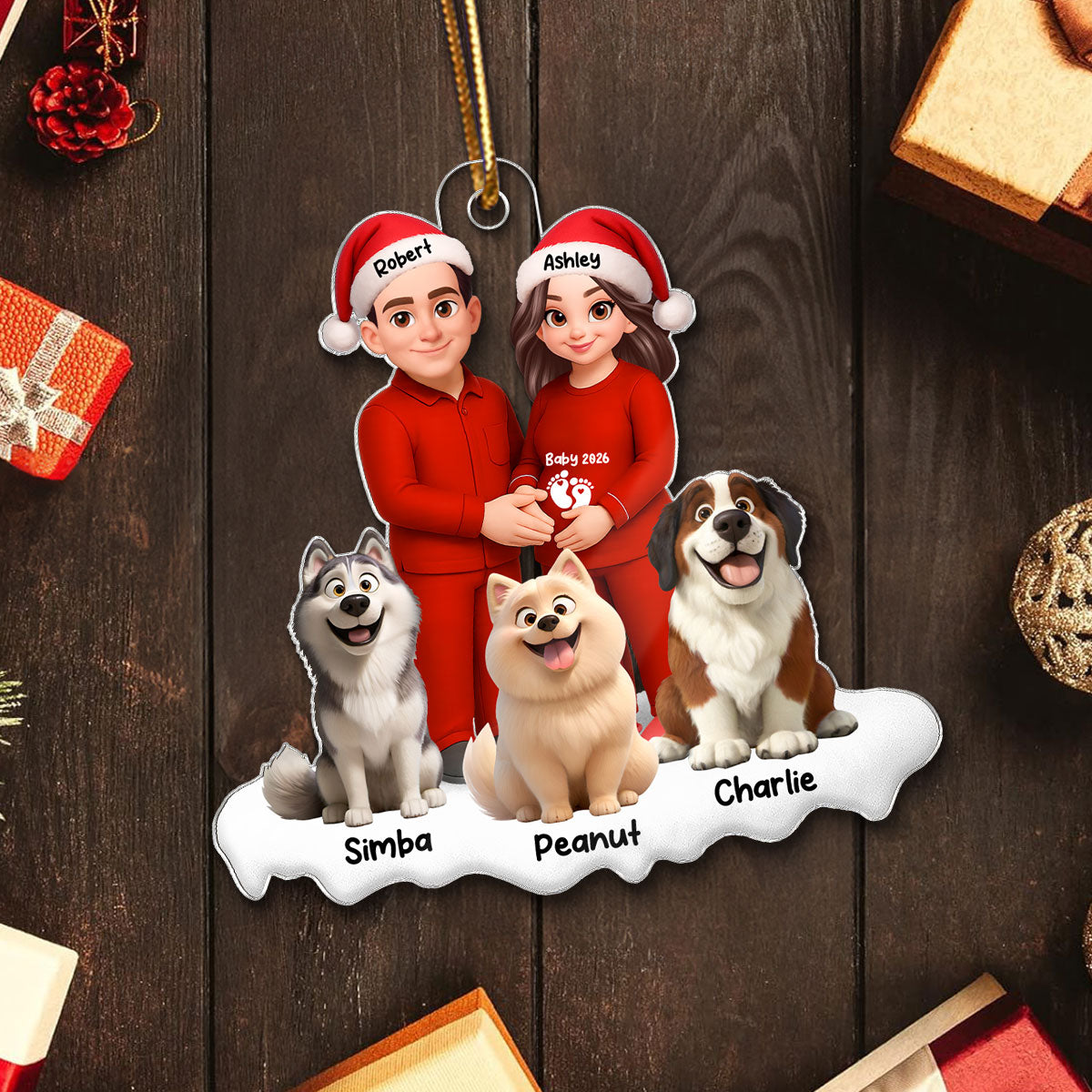 Expecting Parents Christmas Pregnancy Baby Arriving With Dogs - Personalized Acrylic Ornament
