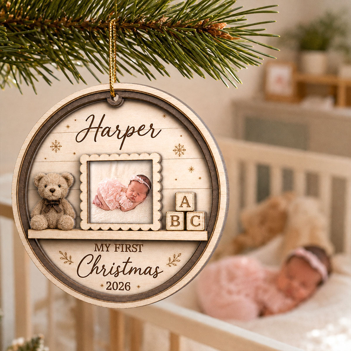 Baby's First Christmas Custom Photo Mini Nursery Shelf - Personalized 2-Layered Wooden Ornament - Baby's 1st Christmas Keepsake